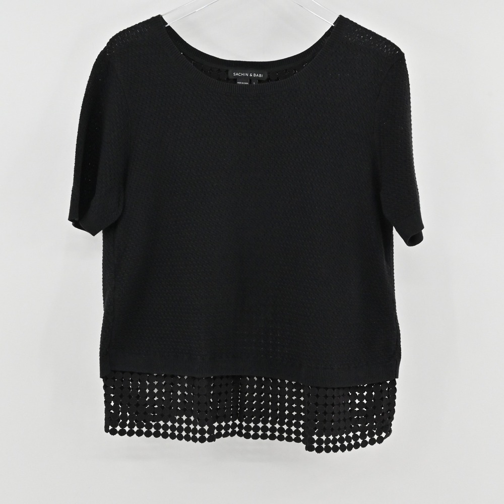 Sachin Babi Crochet Knit Top Womens Size L Black Cotton Modern Quiet Luxury Chic
